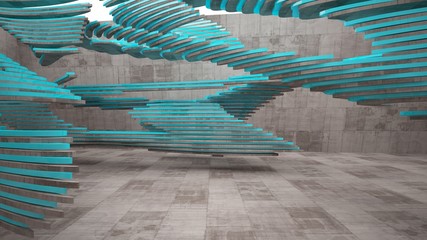  Abstract white and concrete interior  with glossy blue lines. 3D illustration and rendering.