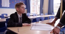 4K Naughty Child Kept After School For Detention Is Given Work To Do By His Teacher. Slow Motion.