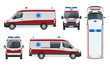 Ambulance Car. An emergency medical service, administering emergency care to those with acute medical problems. Side view, top, roof, rear, front.