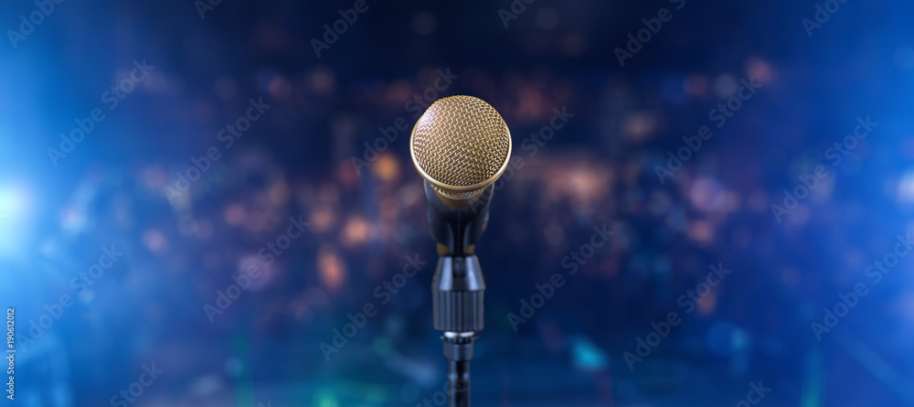 Golden microphone on stage during the concert - obrazy, fototapety, plakaty 