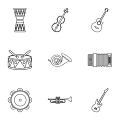 Tools for music icons set, outline style