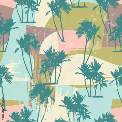 Fototapeta na wymiar Seamless exotic pattern with tropical palms and artistic background.