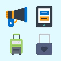 Icons set about Commerce with suitcase, megaphone, tablet and padlock