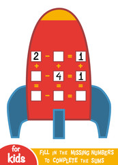 Counting Game for Children. Educational a mathematical game. Addition and subtraction worksheets with Spaceship
