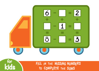 Counting Game for Children. Educational a mathematical game. Addition and subtraction worksheets with Lorry