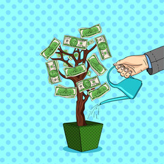 Style comics vector pop art. A mans hand pours a money tree with green dollars. Watering can with water.