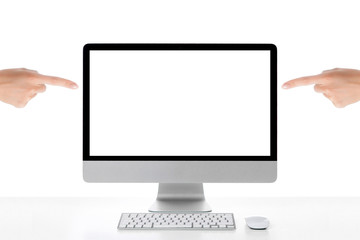  Female hand pointing on isolated white computer screen on isolated background