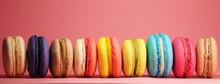 Bright Food Photography Of Macroons On Pink Background