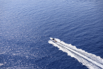 Wall Mural - luxury motor boat, aerial view 