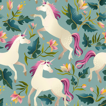Hand Drawn Vintage Unicorn In Magic Forest Seamless Pattern. Vector Illustration.