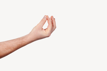 Wall Mural - A gentle male hand is holding something or making a where's my money gesture with his right hand on isolated white background.