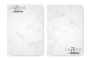 Scientific brochure design template. Vector flyer layout, Molecular structure with connected lines and dots. Scientific pattern atom DNA with elements for magazine, leaflet, cover, poster design.