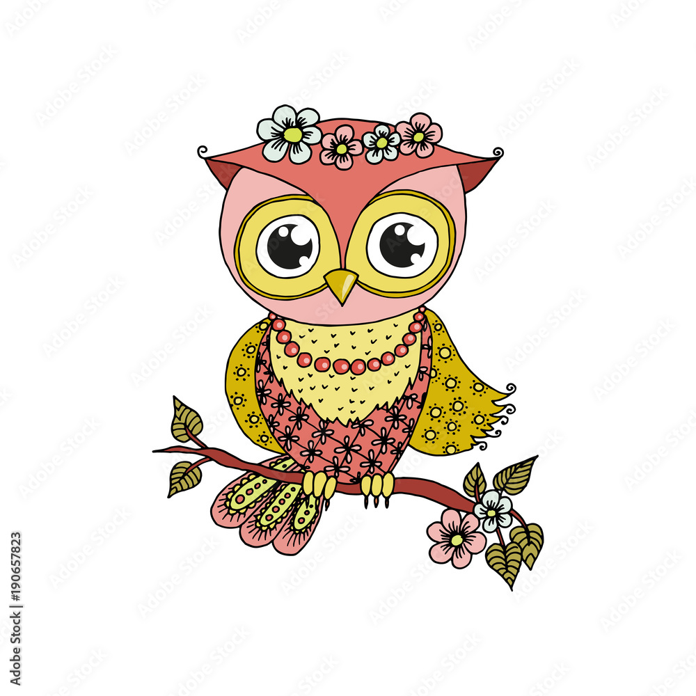 Cute cartoon owl sitting on tree branch Stock Vector | Adobe Stock