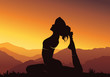 © rashmisingh - Yoga background. Young woman practicing yoga on mountain, silhouette - vector illustration