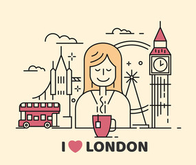 Wall Mural - Vector london icon with girl and tea.