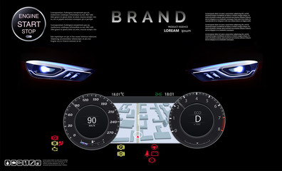 Leinwandbilder - Speedometer with navigation against the background of headlights