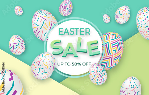 Download Easter Background With 3d Ornate Eggs On Green With Circle Frame Cute Vector Easter Banner Or Greeting Card Stock Vector Adobe Stock