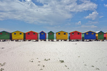 Brightly Colored Victorian Beach Cabin Houses On The Muizenberg Beach In Cape Town, South Africa
