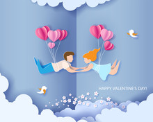 Valentines Day Card. Abstract Background With Couple In Love Flying, Hearts Balloons And Blue Sky. Vector Illustration. Paper Cut And Craft Style.
