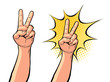Hand gesture of victory or peace, two fingers up. Vector illustration in pop art retro comic style