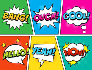 Wall Mural - retro comic speech bubbles set on colorful background. expression text bang, cool, ouch, hello, yeah