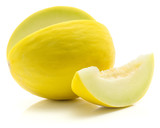 Yellow honeydew melon cut open with separated slice isolated on white background without seeds.
