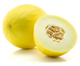 Yellow honeydew melon and one half with seeds isolated on white background.