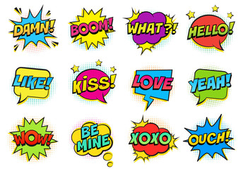 Wall Mural - retro colorful comic speech bubbles set with halftone shadows on white background. expression text h