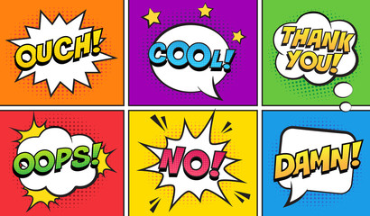 Wall Mural - retro comic speech bubbles set on colorful background. expression text ouch, cool, thank you, oops, 