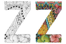 Letter Z Zentangle For Coloring. Vector Decorative Object