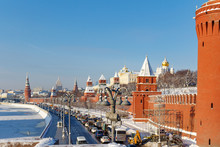 Kremlevskaya Embankment Under Walls Of Moscow Kremlin At Sunny Winter Day. Moscow In Winter