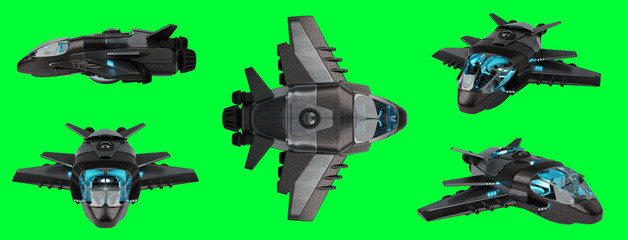 Poster - Futuristic spacecraft collection isolated on green background 3D rendering