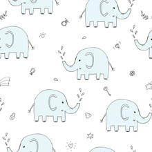 Cute Seamless Pattern With Funny Elephant. Vector Illustration