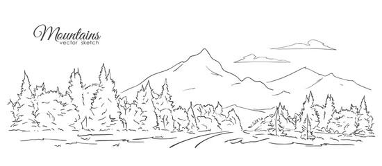Wall Mural - hand drawn landscape with mountains, forest, road and clouds. line design. sketch