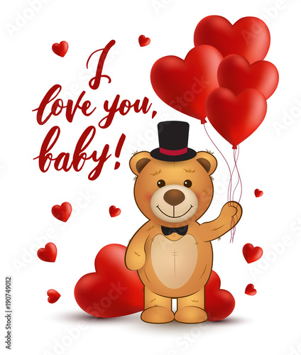 I Love You Baby Vector Card With Teddy Bear And Heart Balloons Happy Valentine S Day Card Stock Vector Adobe Stock