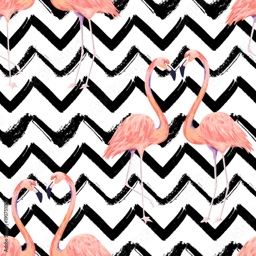 Abstract seamless pattern with exotic flamingo on striped chevron background....