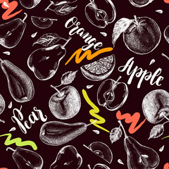 Wall Mural - Decorative seamless pattern with Ink hand drawn apples, oranges, pears. ripe fruit texture. Vector illustration.