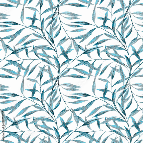 Obraz w ramie Gałązki z niebieskimi liśćmi na białym tle
