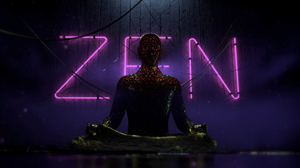 bio tech cyberpunk human figure sitting in lotus on urban futuristic background with hanging wires and purple neon letters zen on the wall 3d render illustration