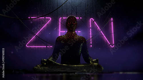 Obraz na płótnie bio tech cyberpunk ludzka postać siedząca w lotosie na miejskim futurystycznym tle z wiszącymi drutami i fioletowymi neonowymi literami zen na ścianie ilustracja renderowania 3d