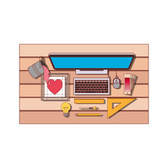 Sticker - desktop computer and drawing tools over desk on top view in colorful silhouette with thin red contour vector illustration