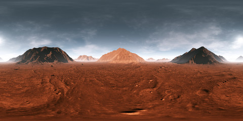 360 Equirectangular projection of Mars sunset. Martian landscape, HDRI environment map. Spherical panorama. 3d illustration