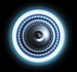 Concept of a bottom view of a blue glowing UFO isolated over black background