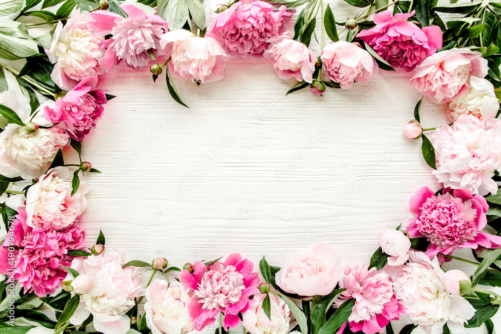 Floral pattern, frame made of beautiful pink peonies on wooden white ...