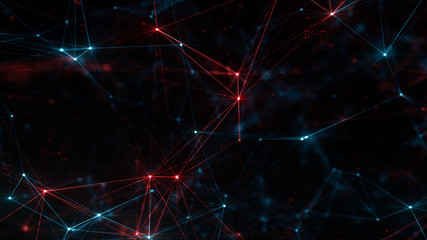Wall Mural - abstract plexus structure of many glowing lines and particles. blue and red blurred background with 