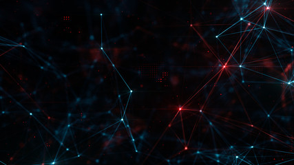 Wall Mural - abstract plexus structure of many glowing lines and particles. blue and red blurred background with 