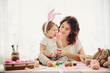 mother and daughter painting eggs for Easter