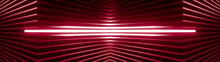 Geometric Super Wide Background Made Of Many Red Metal Shelves With Glowing Light Behind. Abstract Symmetric Industrial Structure. 3d Rendering