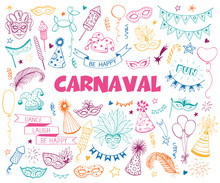 Hand Drawn Carnival Objects Set Isolated On White Background. Masqeurade Design Elements Collection In Line Art Style. Doodle Carnival Masks, Feathers, Firecrackers. Mardi Grass Traditional Symbols.