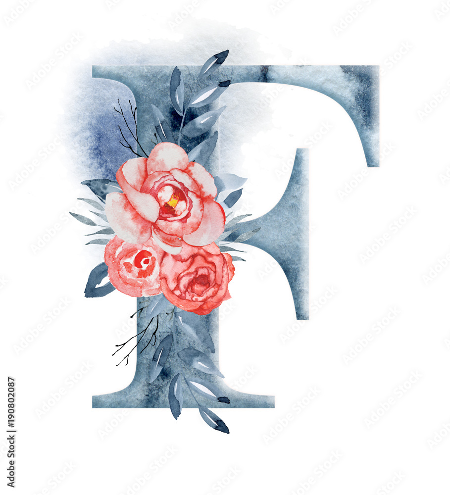 Floral watercolor alphabet. Monogram initial letter F design with hand  drawn peony flower Stock Illustration | Adobe Stock, image size:909x1000